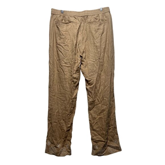 Abercrombie Fitch Linen Loose Fit Pants Womens Large Brown Embroidered Hem Beach - Picture 2 of 13
